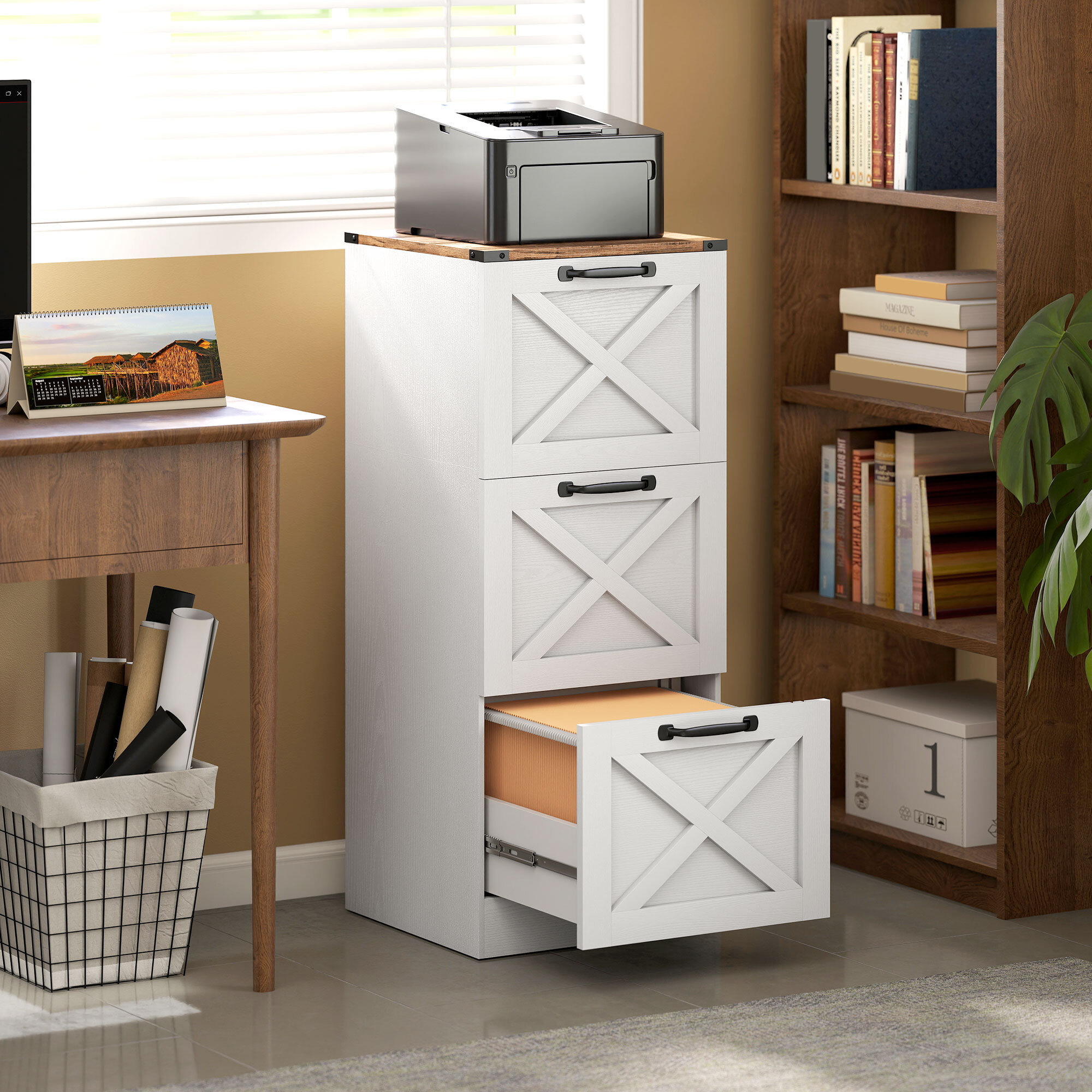 Caisson de bureau 3 tiroirs design campagne chic effet bois métal blanc