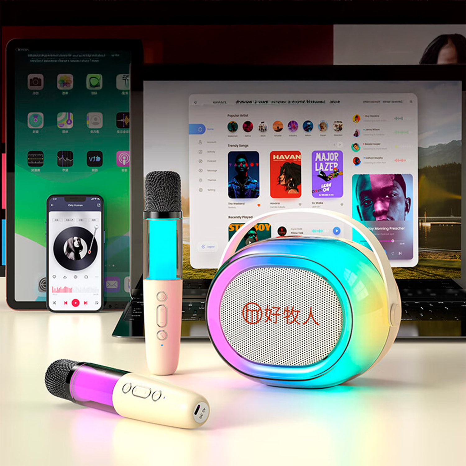 Altavoz inalámbrico para karaoke con dos micrófonos. Bluetooth 5.3 y 4 modos de voz.