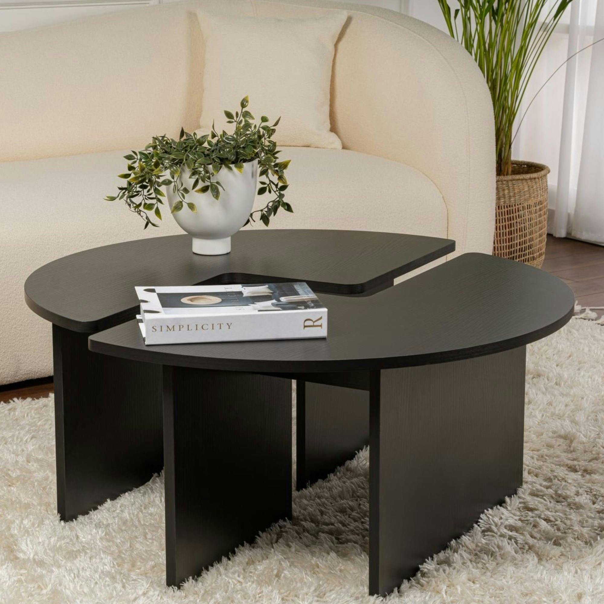 Table basse ronde noire effet bois - design puzzle MARFA