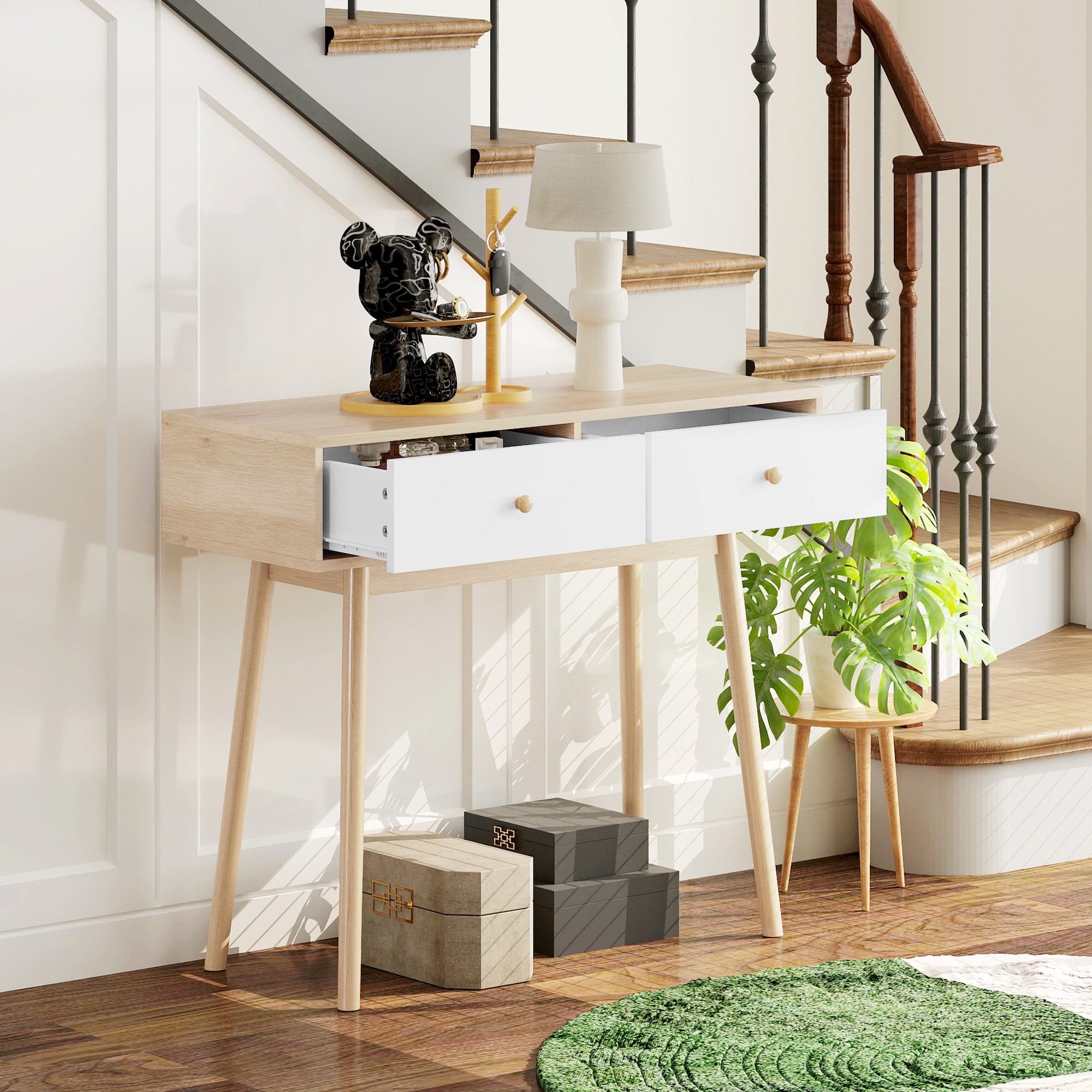 Mesa de Consola Estrecha Consola de Recibidor Mesa de Sofá con 2 Cajones Estilo Moderna para Pasillo Entrada Salón Dormitorio Roble