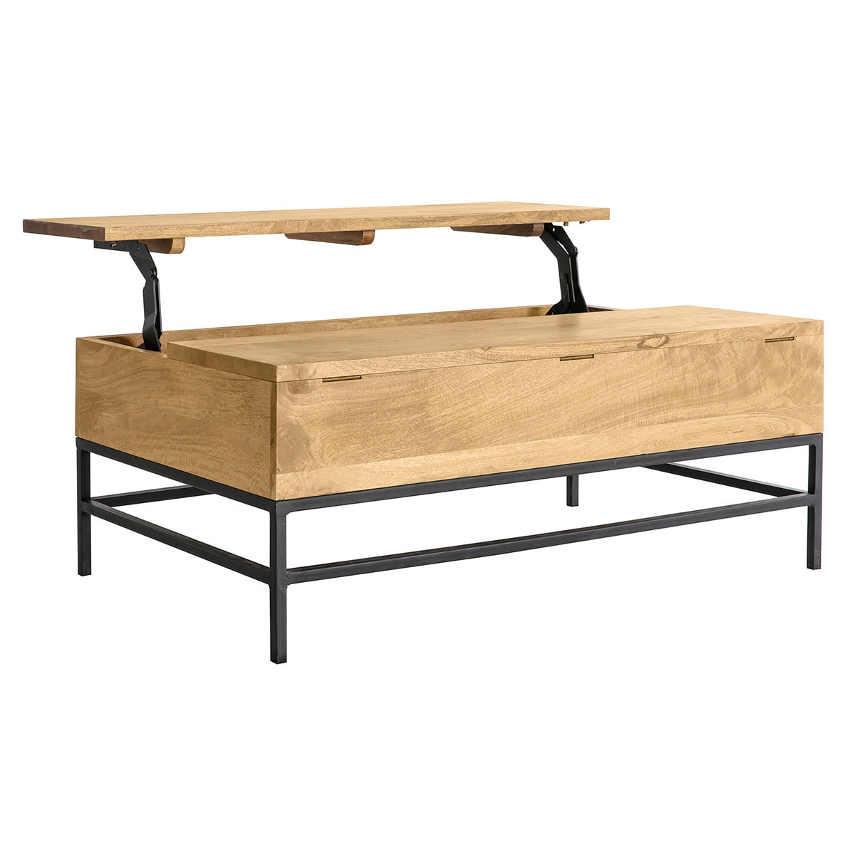 Table basse relevable industrielle bois manguier massif et métal noir L110 cm YPSTER