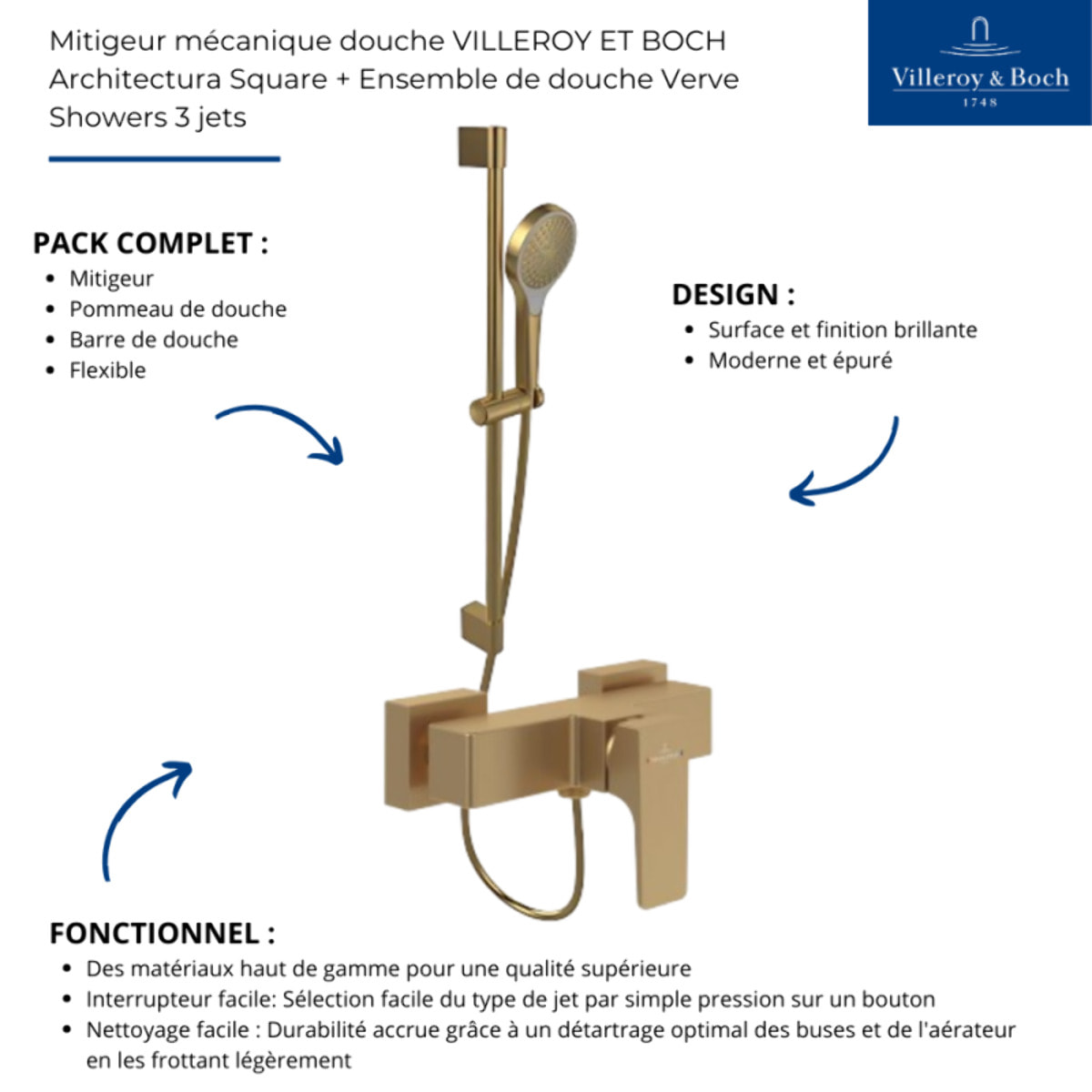 Mitigeur mécanique douche Architectura Square + Ensemble de douche Verve Showers 3 jets Or brossé