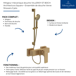 Mitigeur mécanique douche Architectura Square + Ensemble de douche Verve Showers 3 jets Or brossé