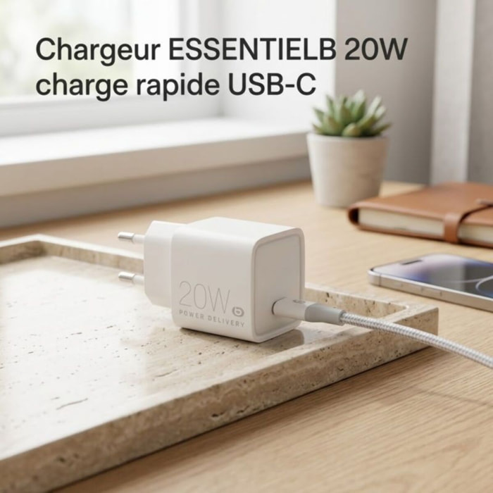 Chargeur ESSENTIELB 20W charge rapide USB-C Blanc compatible iPhone 17 16 15 Pro Max et Samsung Galaxy