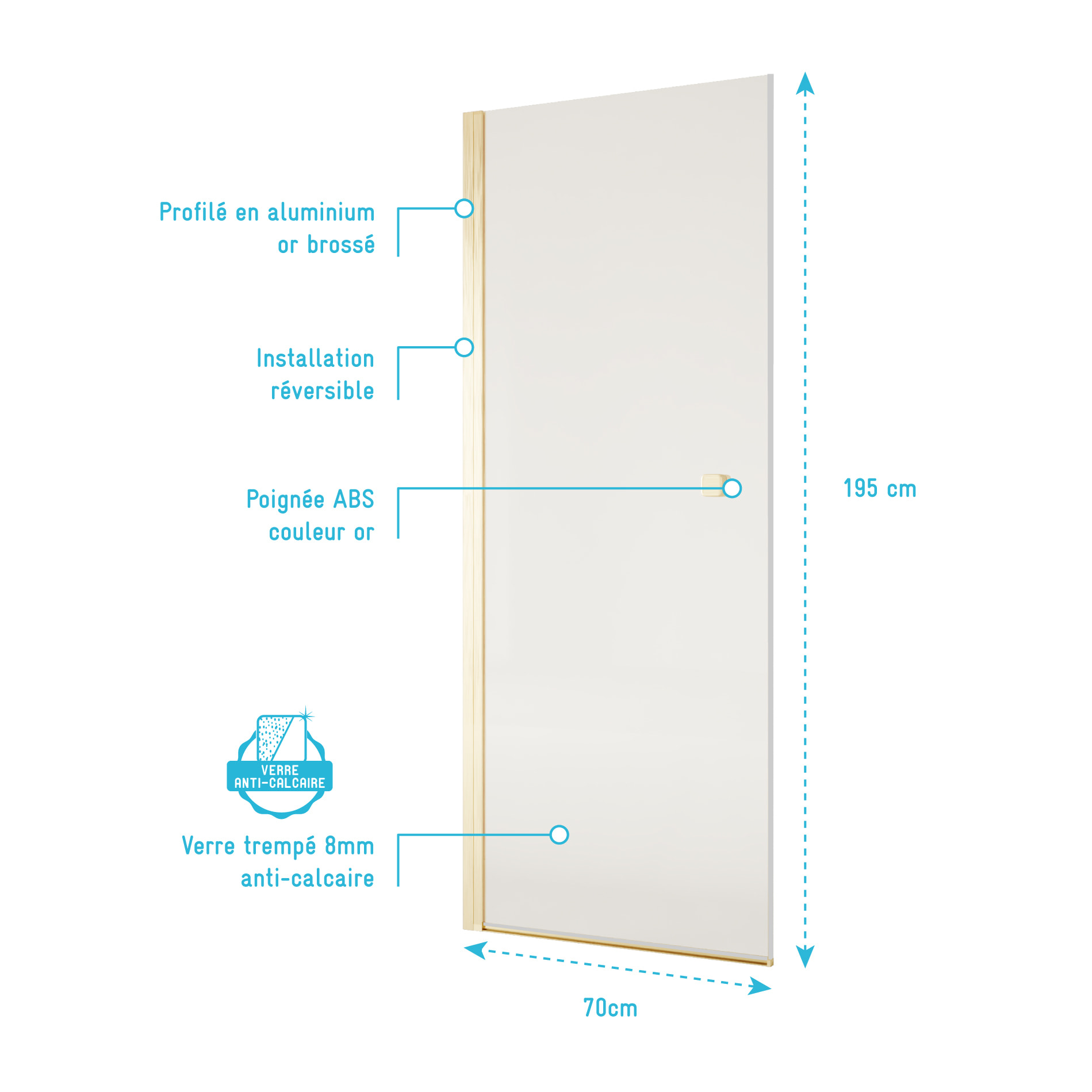 Porte de Douche Pivotante 70x195cm - Verre Trempe 8mm Anticalcaire - Alu Or Brosse - GOLD ELEMENTARY