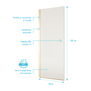 Porte de Douche Pivotante 70x195cm - Verre Trempe 8mm Anticalcaire - Alu Or Brosse - GOLD ELEMENTARY
