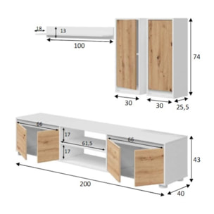 Parete attrezzata Wells, Set da soggiorno, Mobile salotto multiuso, Composizione per salotto moderno, 200x40h114 cm, Bianco e Rovere