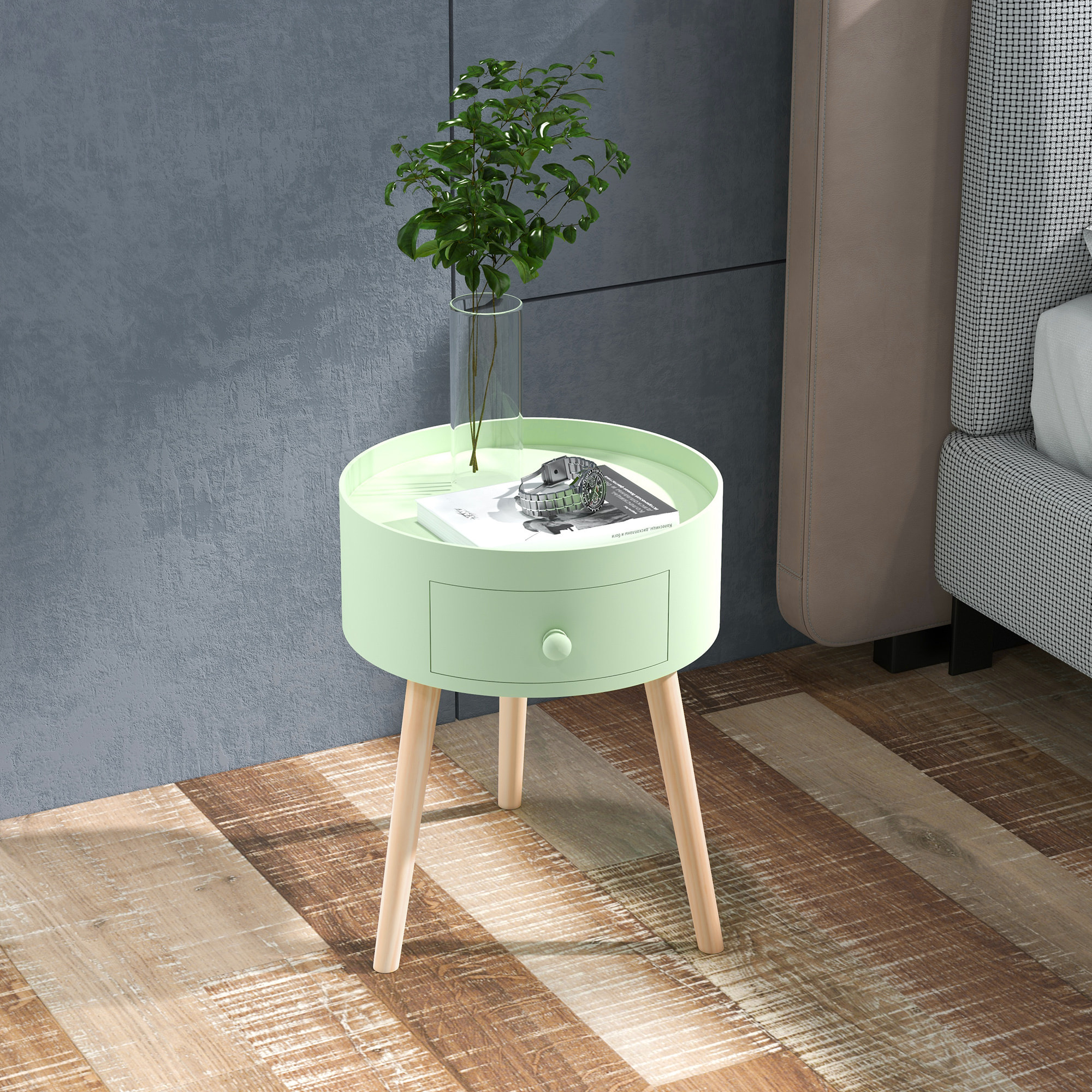 Chevet table de nuit ronde design scandinave tiroir bicolore pieds effilés inclinés bois massif chêne clair vert