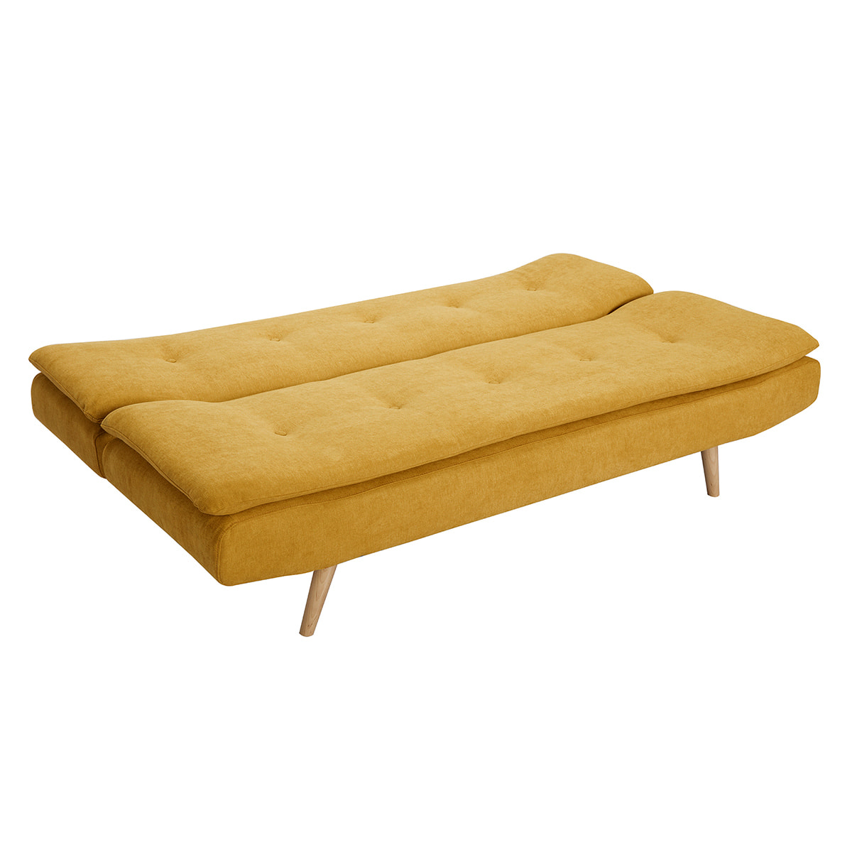 Canapé convertible 3 places en tissu effet velours jaune moutarde et bois clair SENSO