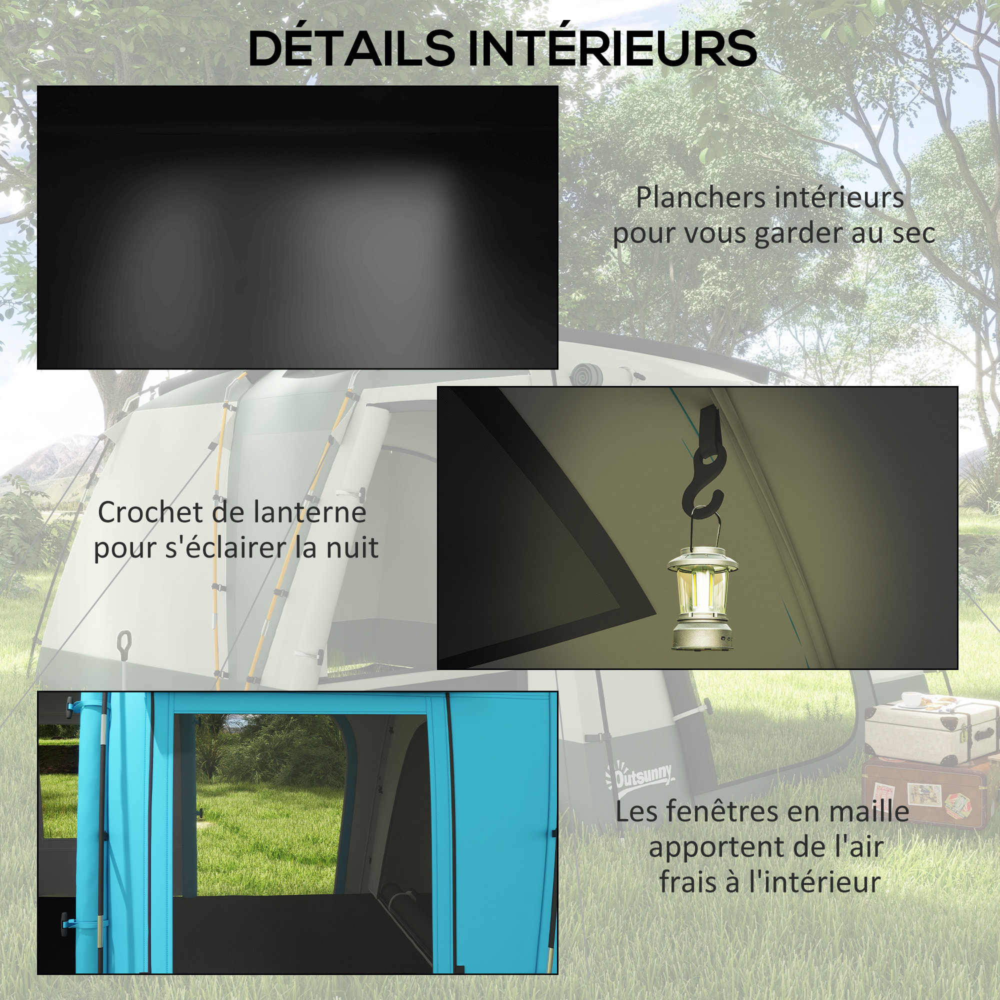 Tente de camping 3-4 pers. 2 chambres 4 portes 4 fenêtres sac bleu