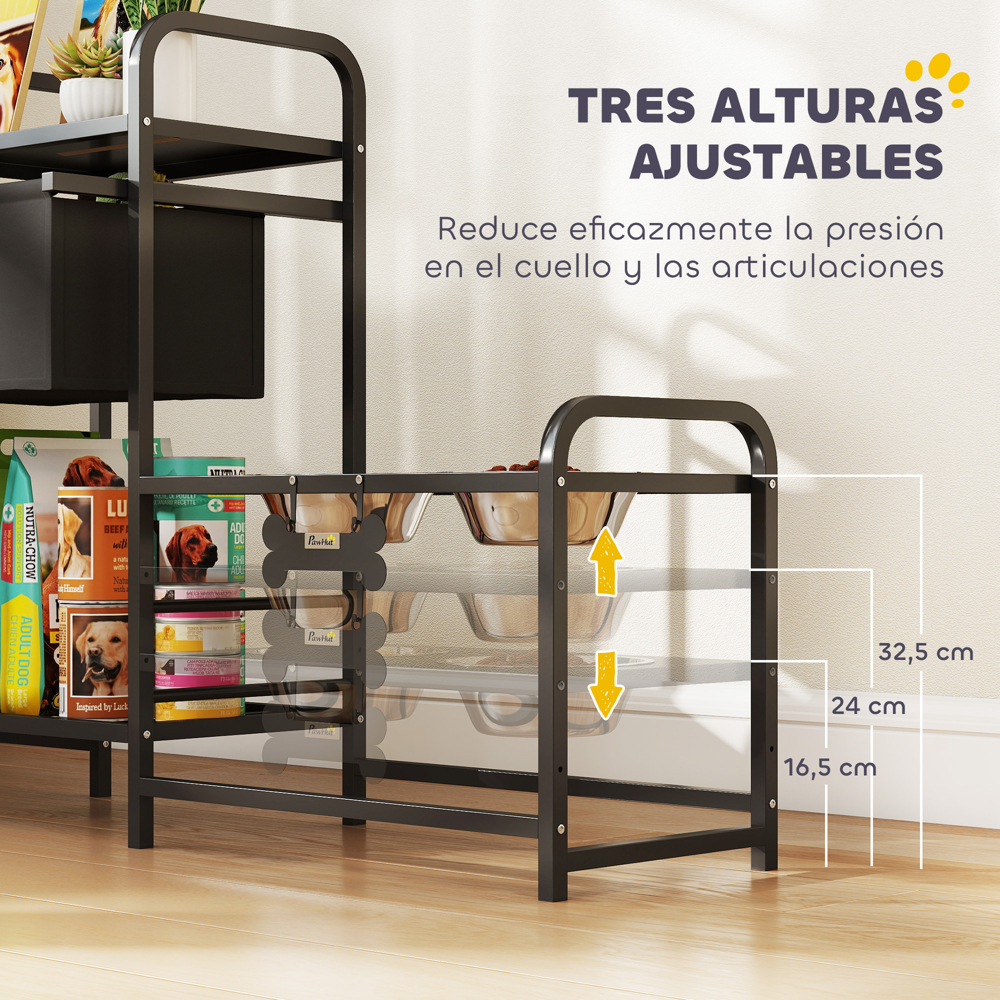Comedero Perro Elevado con Cajón de Tela, Cuencos Elevados con 2 Cuencos de Acero Inoxidable 2x800 ml, Altura Ajustable, 2 Estantes, para Perros Pequeños y Medianos, Negro