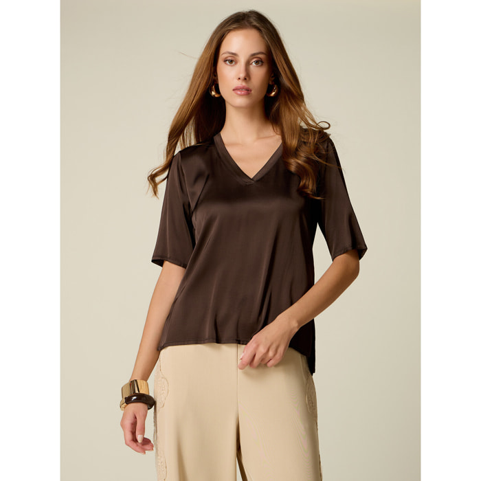 Oltre - Blusa maniche corte in raso - Marrone