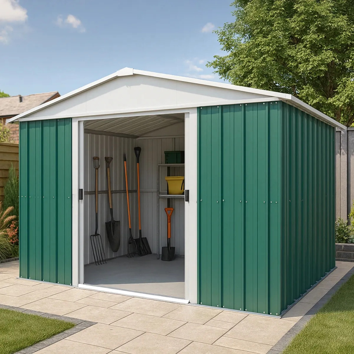 Abri de jardin métal vert Yardmaster 11,03 m² + kit d'ancrage