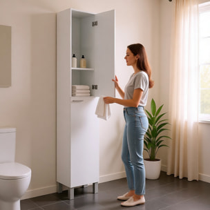 Colonna Armadio Da Bagno Con Doppia Anta E 4 Ripiani Mobile Alto Salvaspazio In Melaminico Chiusura Ammortizzata 30 x 25 x 182 Cm Bianco Lucido