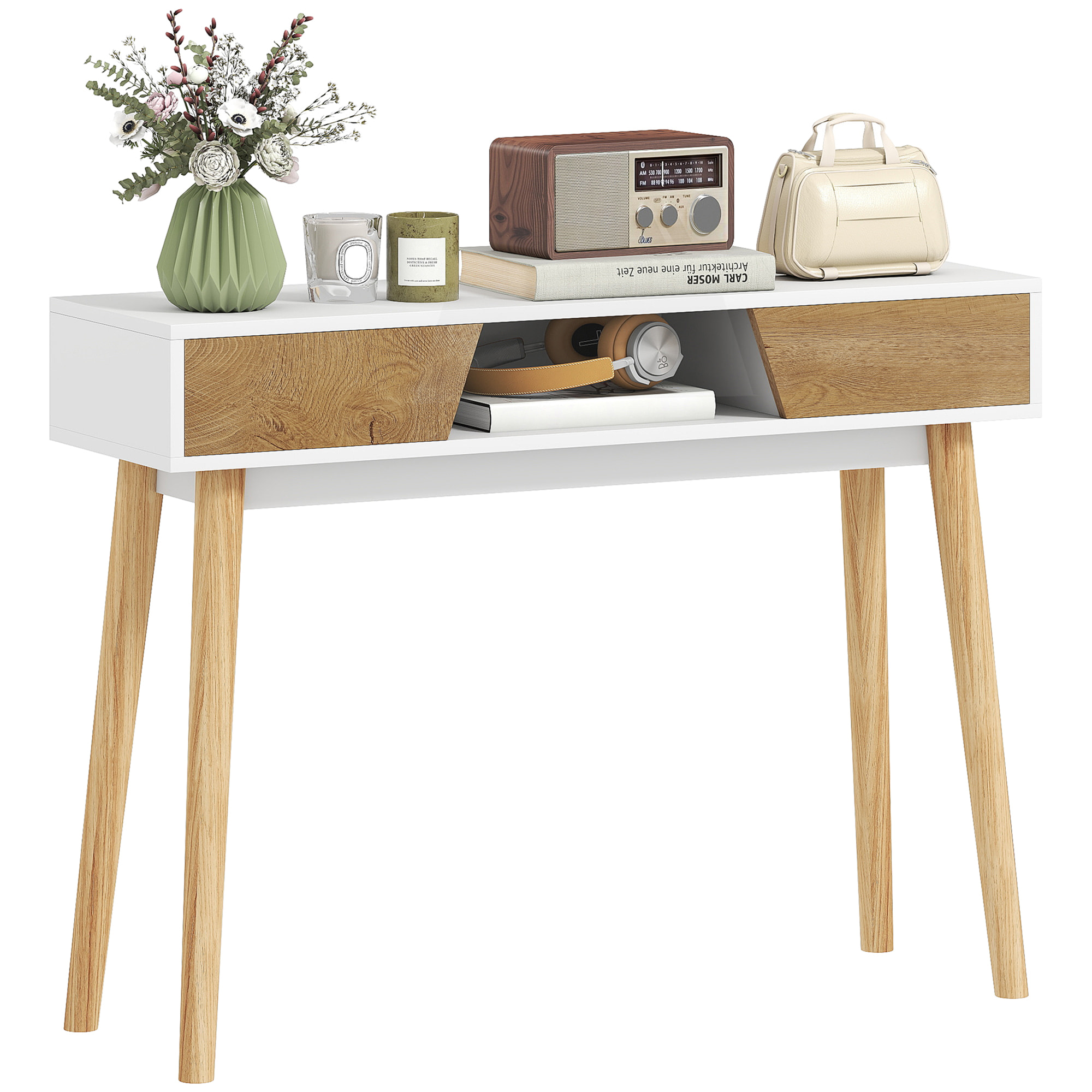 Mesa de Consola Estrecha Consola de Recibidor Mesa de Sofá Moderna con 2 Cajones Compartimento y Patas de Madera para Pasillo Entrada Salón Dormitorio Blanco