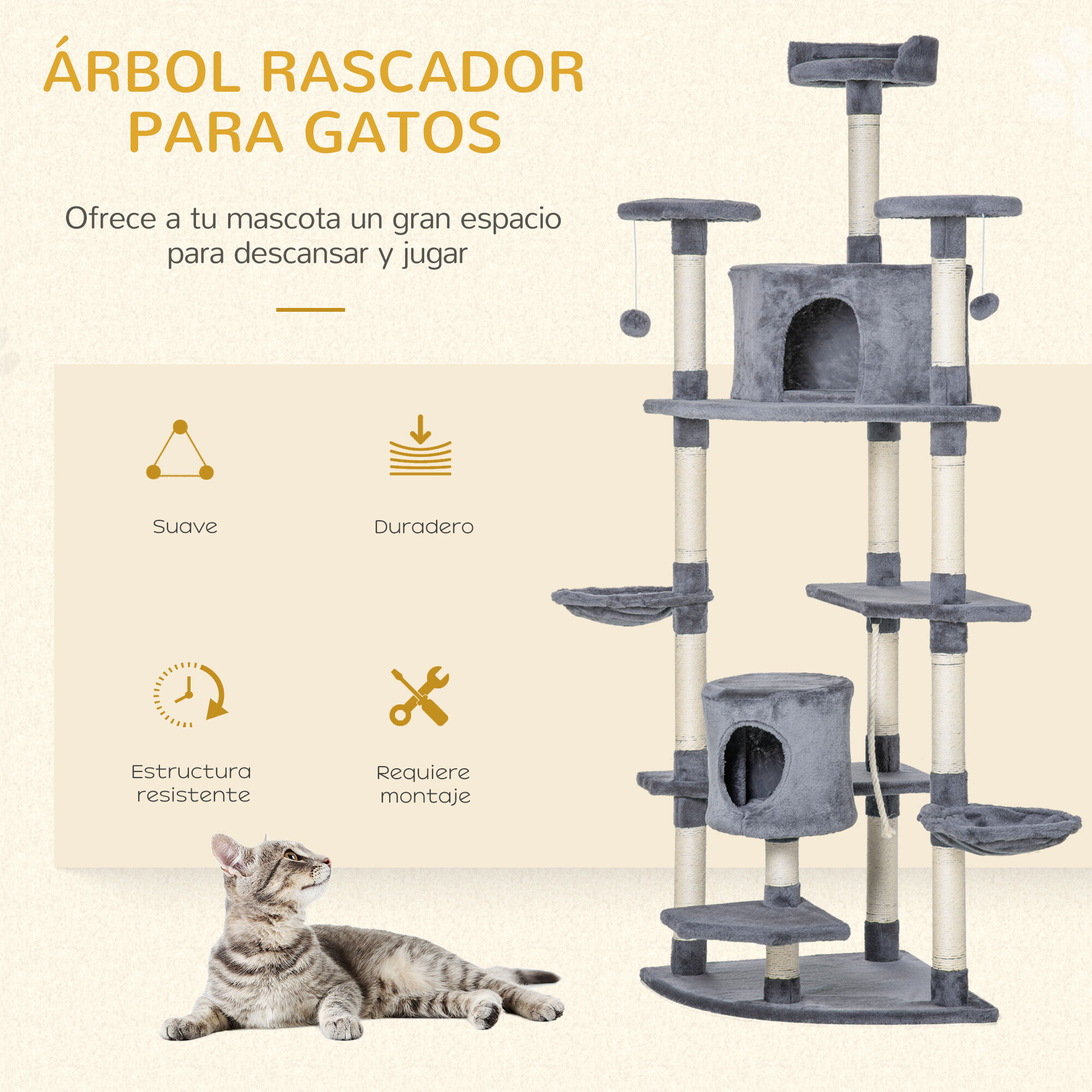 árbol Rascador para Gatos Grande 60x60x200 cm con 2 Cuevas Múltiples Plataformas