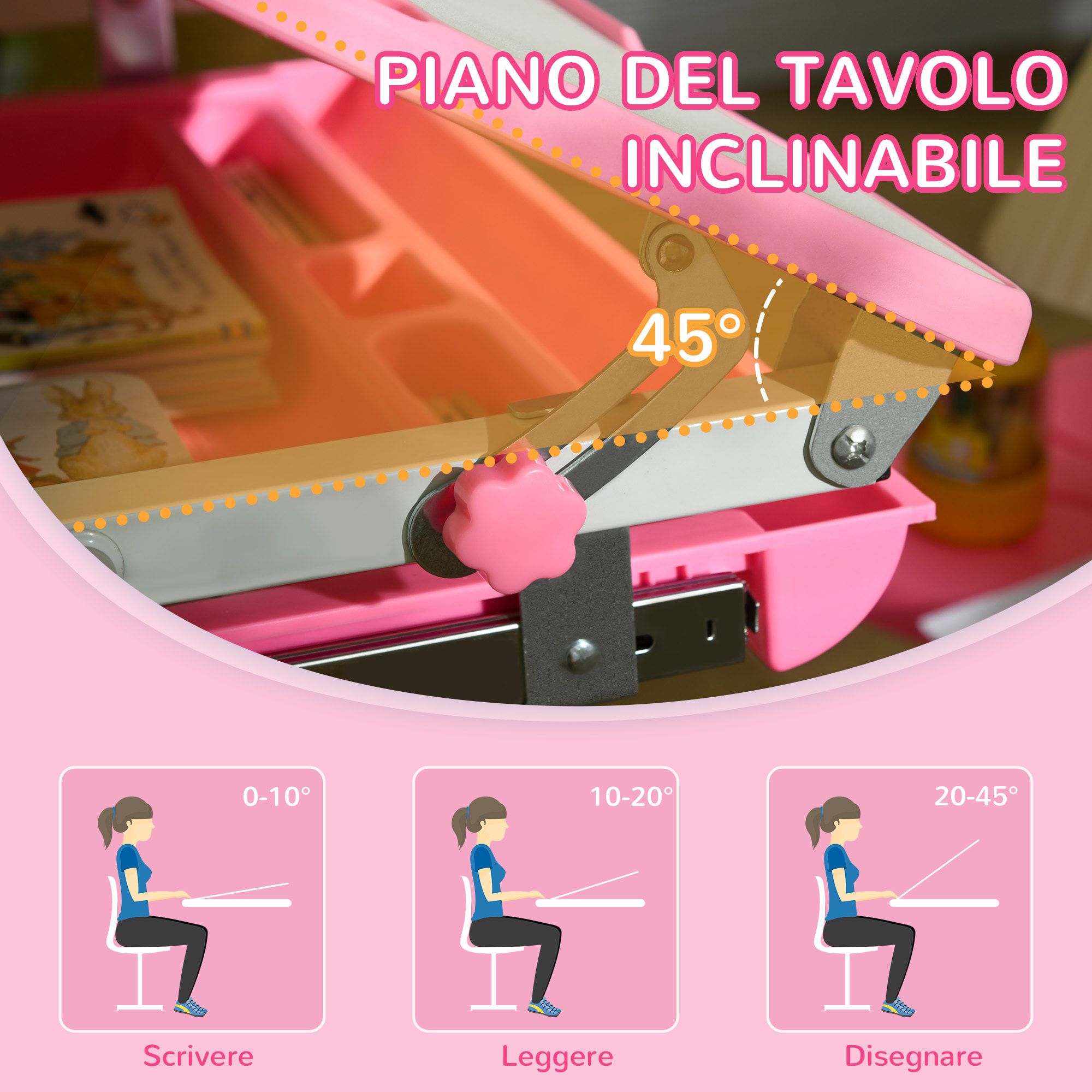 HOMCOM Banco Scuola per Bambini 6-12 Anni con Sedia e Altezza Regolabile, Piano Inclinabile, 66x47x52-77 cm, Rosa