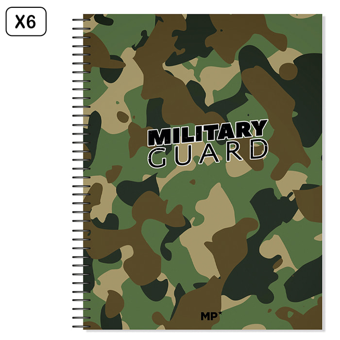 PACK 6 UNIDADES CUADERNO EXTRADURA A4 120 HOJAS CUADRICULA DISEÑO MILITARY GUARD
