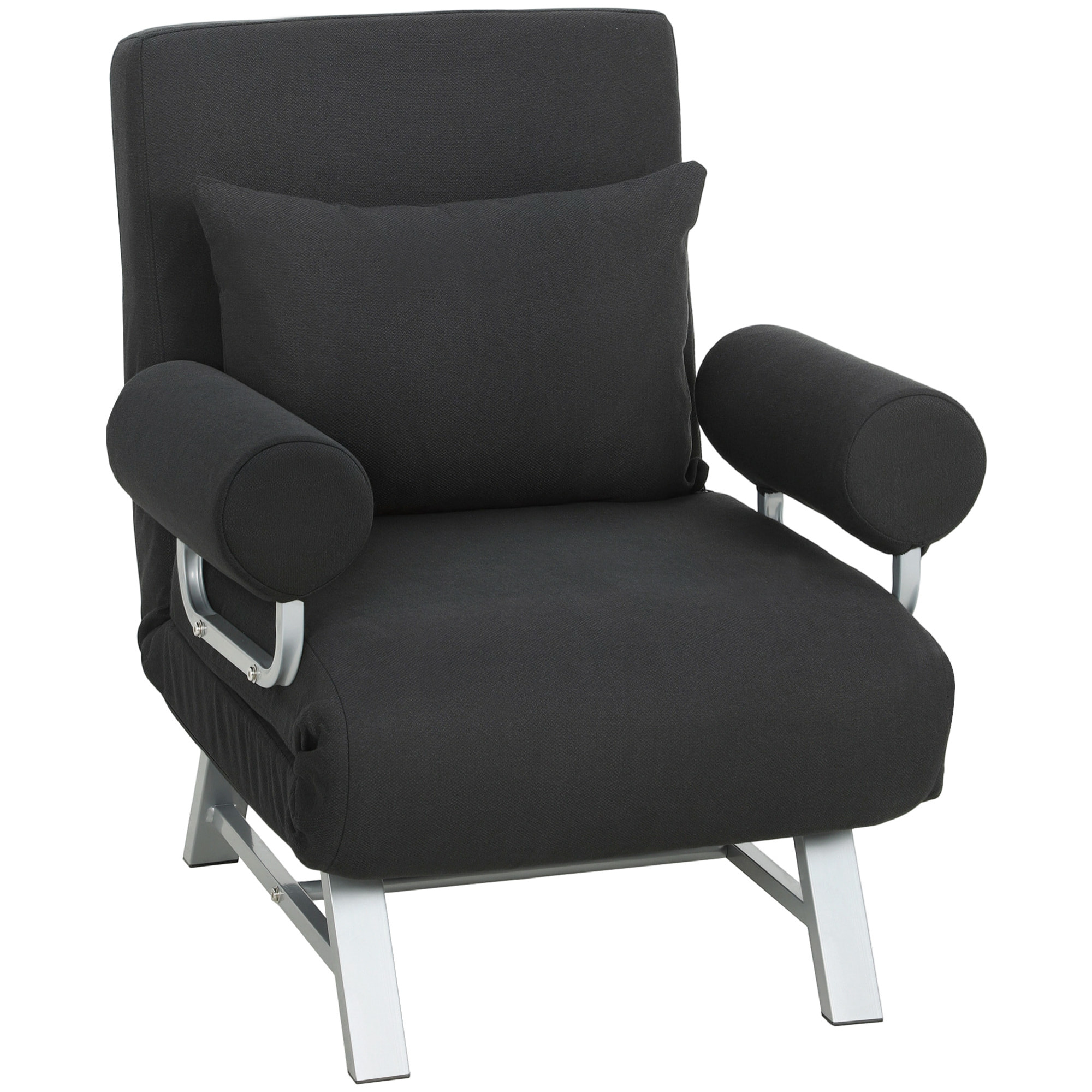 Fauteuil chauffeuse canapé-lit convertible inclinable 1 place grand confort coussin lombaires accoudoirs piètement métal lin noir