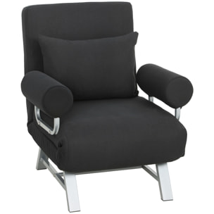 Fauteuil chauffeuse canapé-lit convertible inclinable 1 place grand confort coussin lombaires accoudoirs piètement métal lin noir