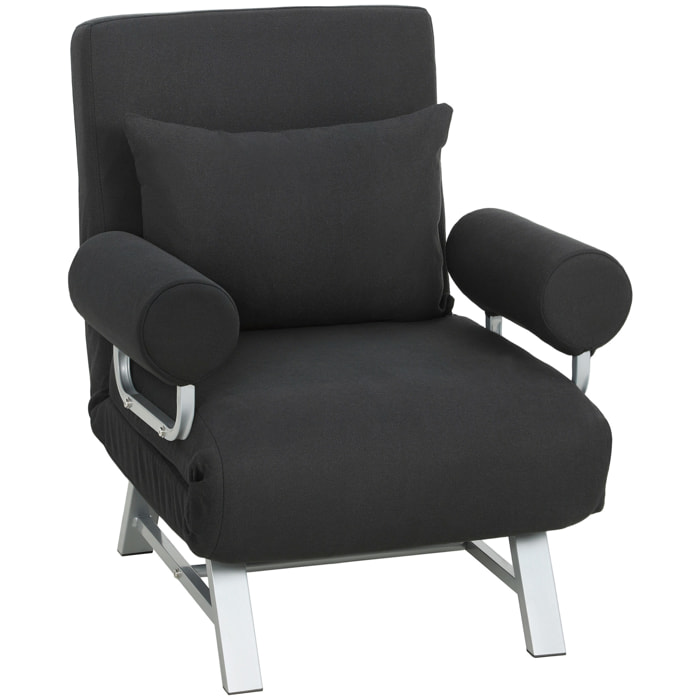Fauteuil chauffeuse canapé-lit convertible inclinable 1 place grand confort coussin lombaires accoudoirs piètement métal lin noir