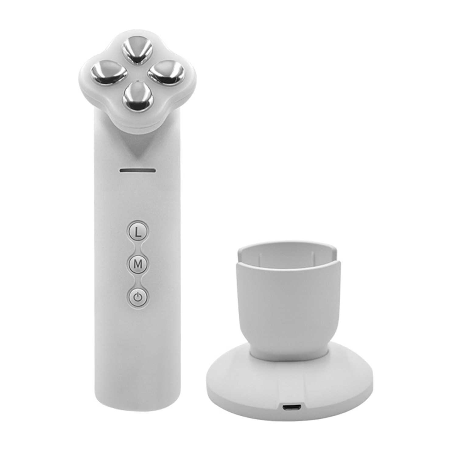 Massaggiatore facciale 3 in 1: EMS, RF con vibrazione e trattamento con luce colorata.