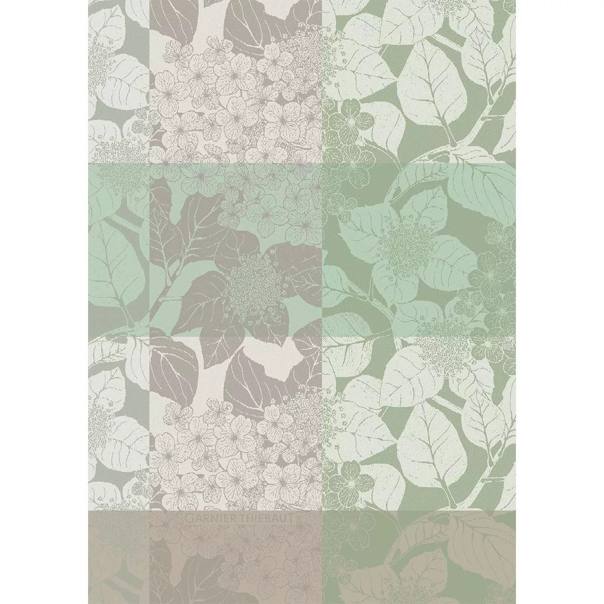 Torchon pur coton motif jacquard beige vert Mille hortensias verde
