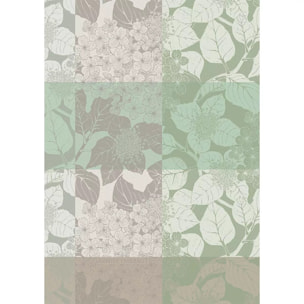 Torchon pur coton motif jacquard beige vert Mille hortensias verde
