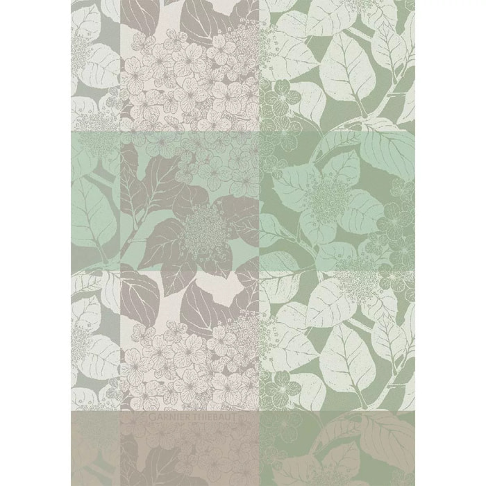 Torchon pur coton motif jacquard beige vert Mille hortensias verde