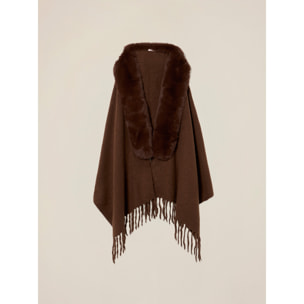 Oltre - Poncho con frange e bordo peluche - Marrone