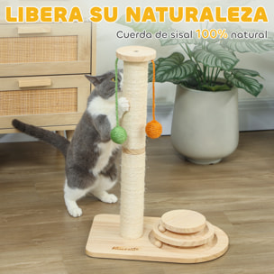 Poste Rascador para Gatos Altura 56,5 cm, Rascador para Gatos con 3 Bolas Colgantes, Juguete de Pelota de Pista y Poste de Sisal, Madera Natural