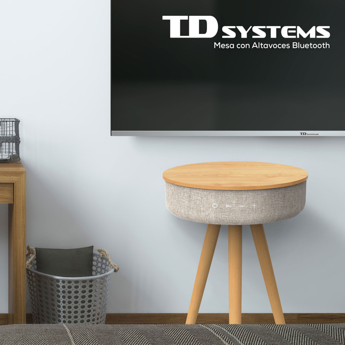 Mesa auxiliar altavoz portátil con sonido de 30W, Bluetooth, base de carga inalámbrica, batería de 2200mAh. Mesilla o mesita para dormitorio o sala de estar - TD Systems SM30B11WC [Madera cerezo]