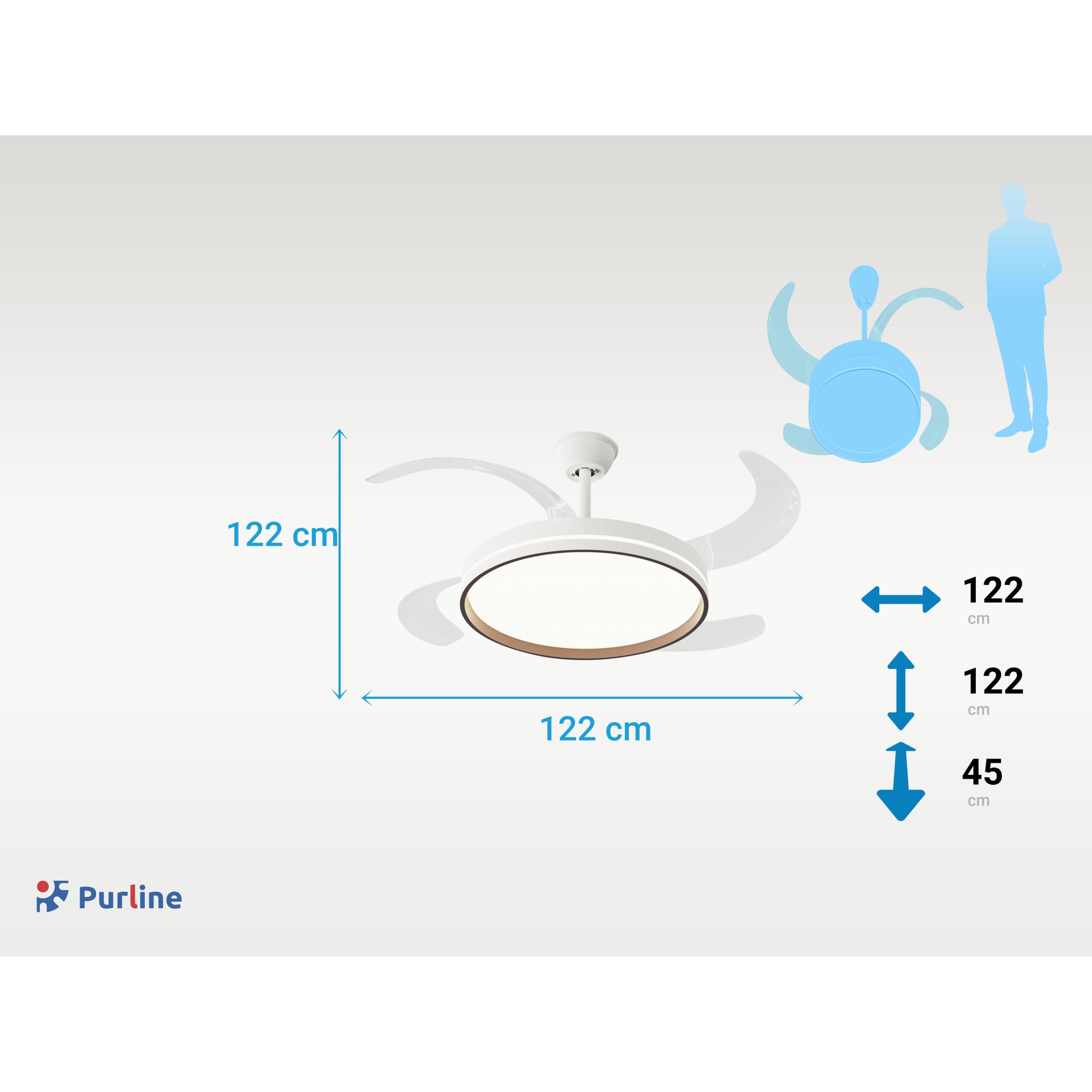 Ventilateur de plafond rétractable avec lumière, diamètre 122 cm, couleur blanc et bois