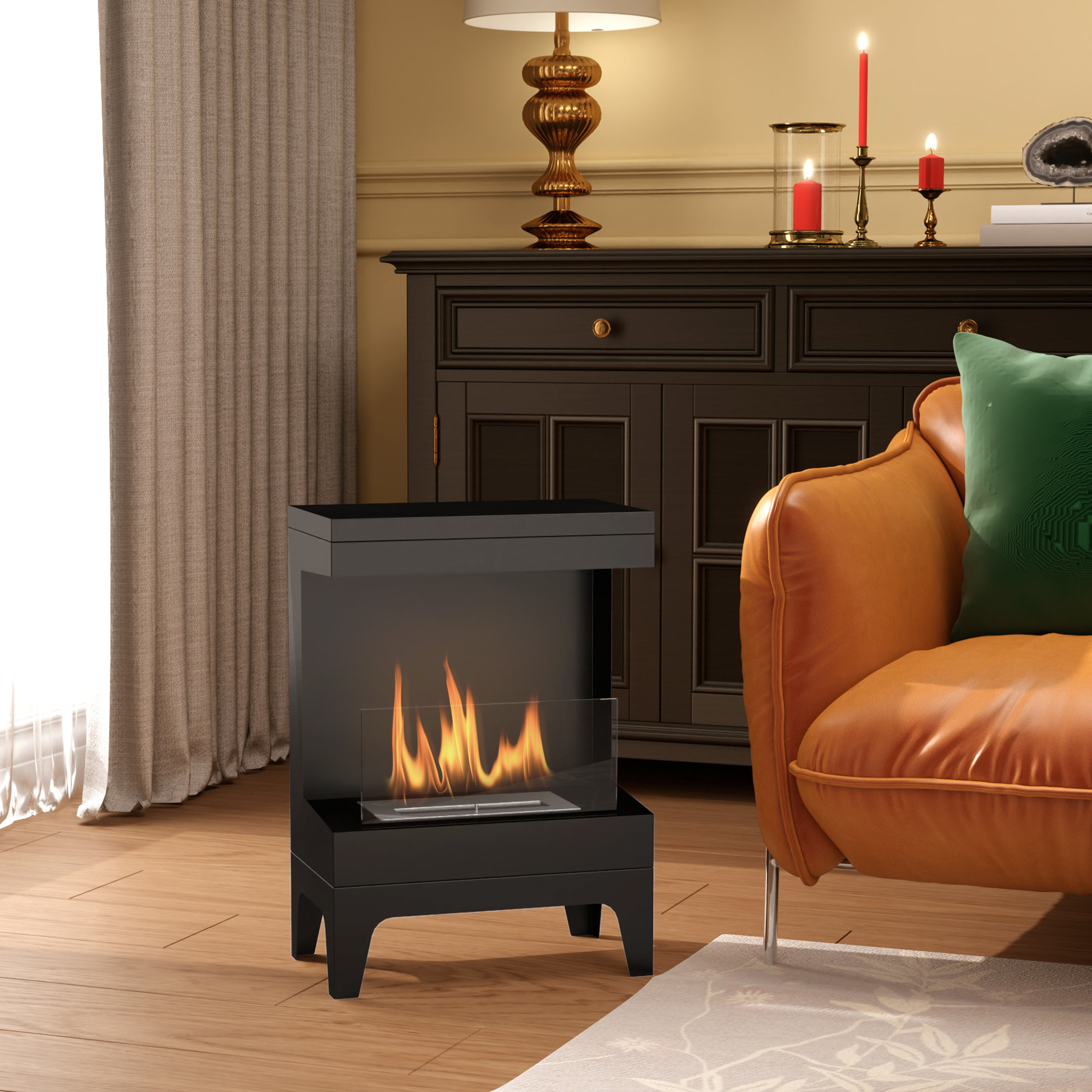 Chimenea de Bioetanol Estufa de Bioetanol de Pie con Tanque de 0,9 L Apagallamas de Acero Inoxidable Tiempo de Combustión 3,3H para Interiores 15-20 m² 38x22x54 cm Negro