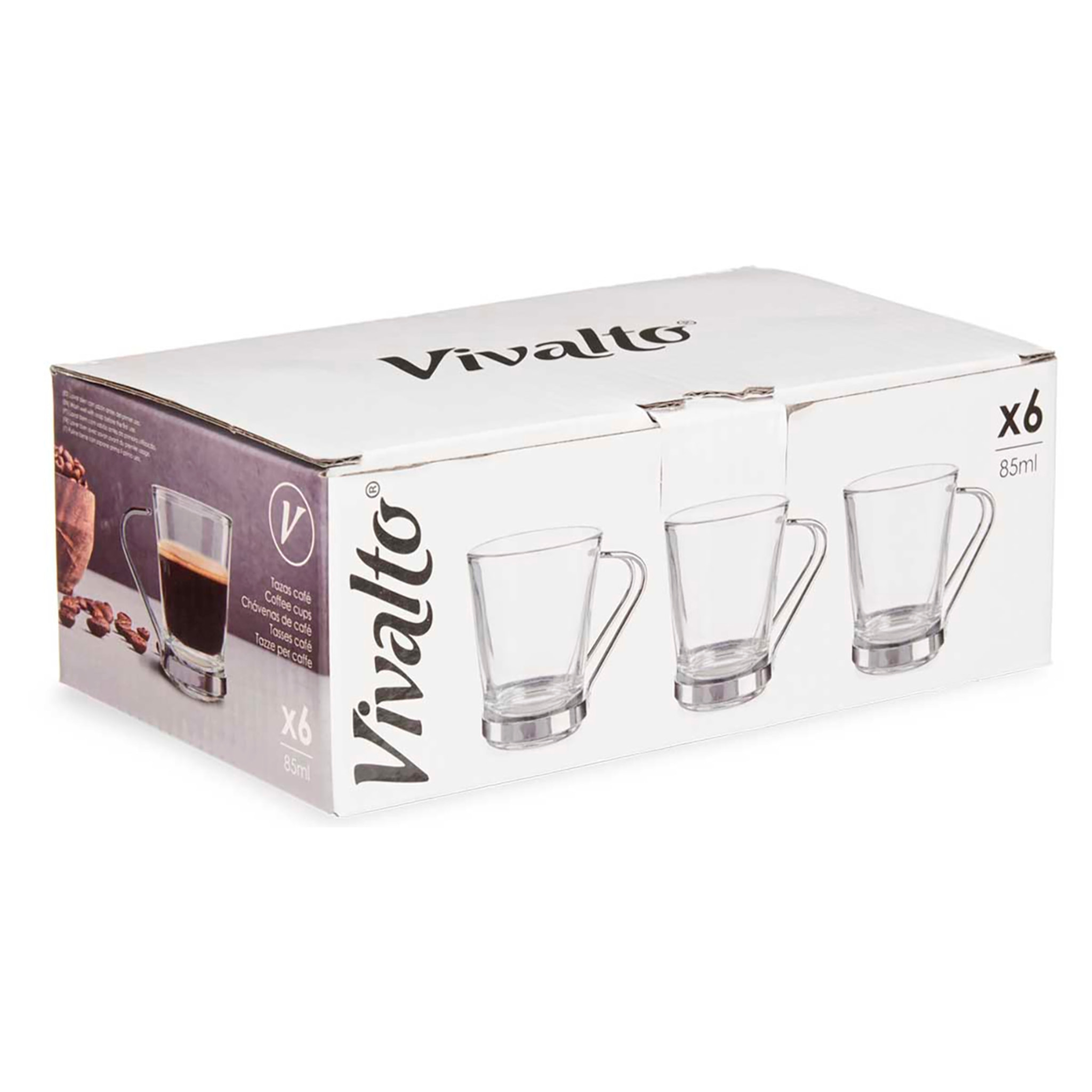 PACK 6 TAZAS VIDRIO CON ASA METAL 85 ML CAFE