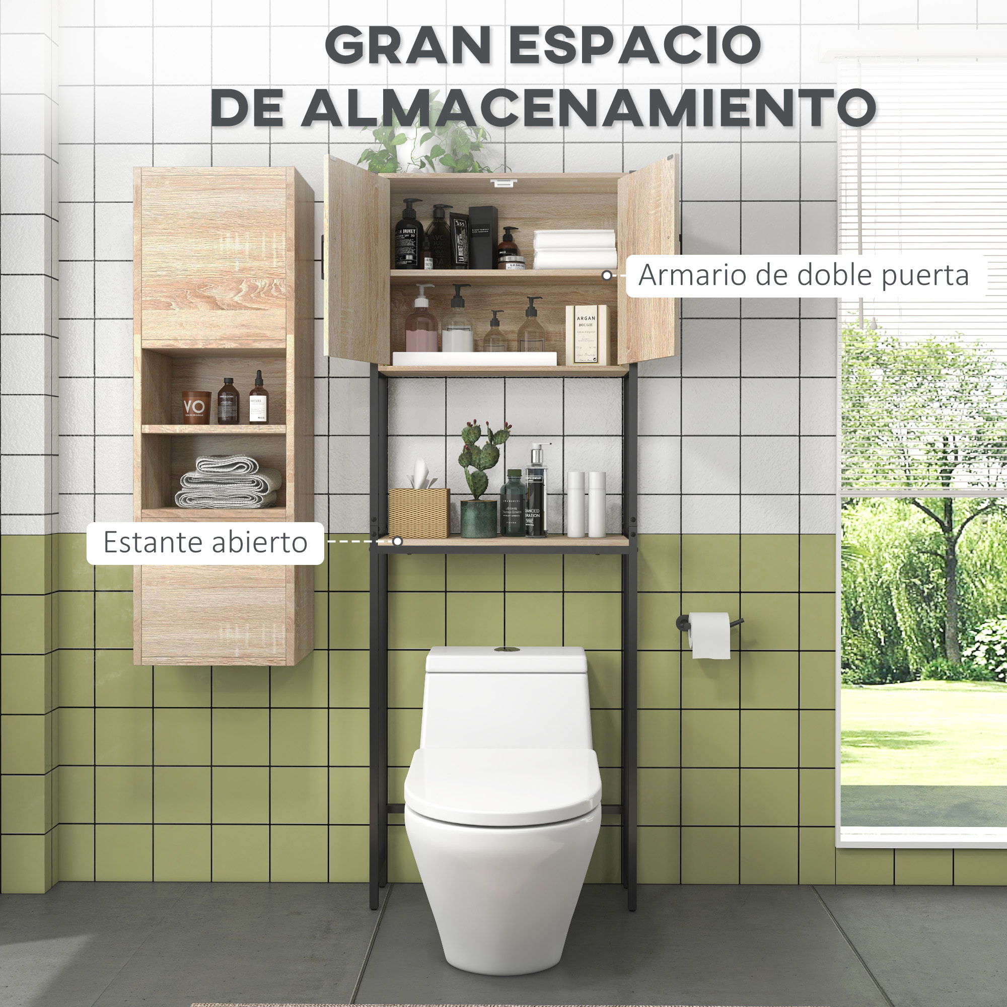 Mueble sobre Inodoro, Organizador sobre WC con 2 Puertas, Estante Ajustable, Estante Abierto, Estantería de Baño encima WC para Espacio Pequeño, 64x19x178 cm, Natural