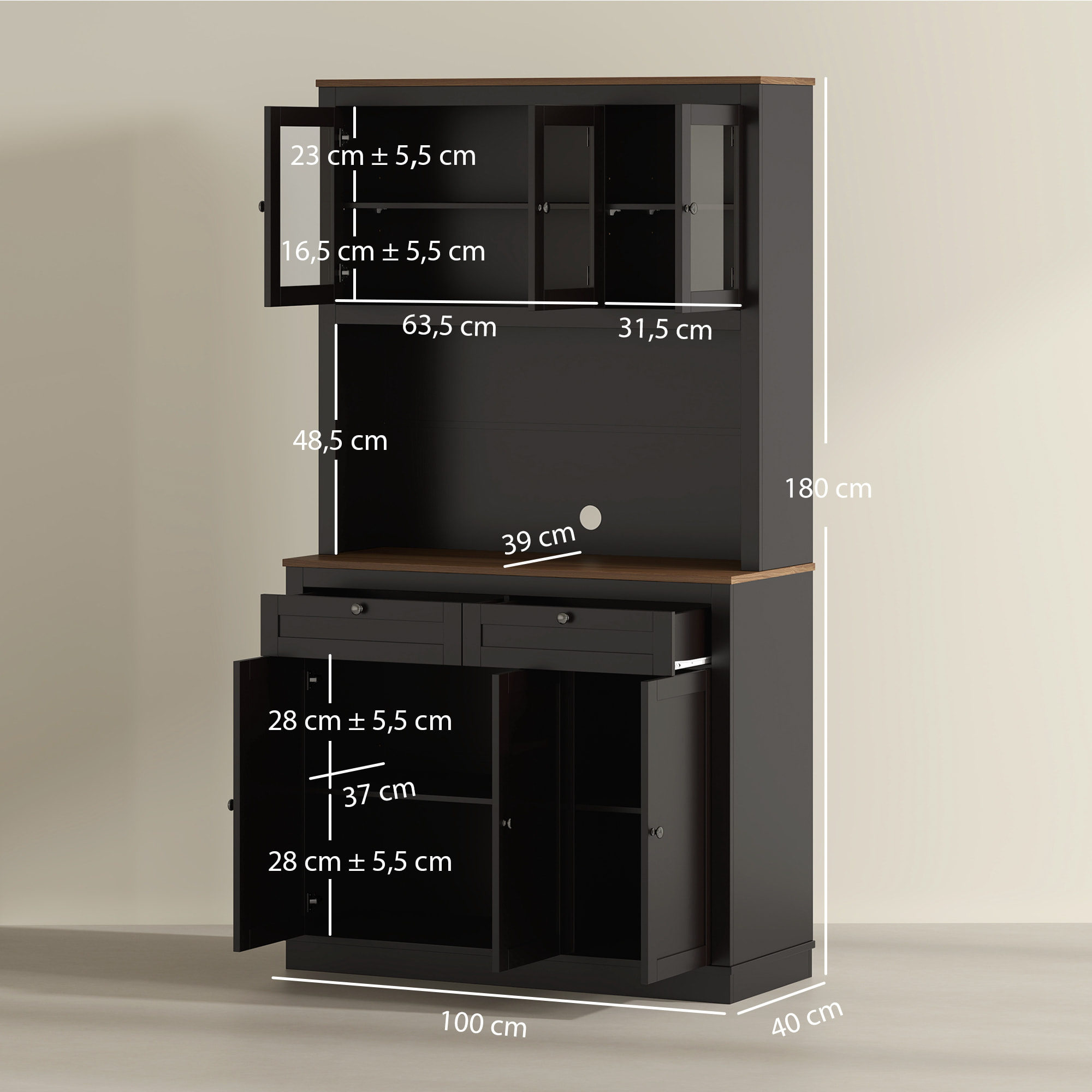 Alacena de Cocina, Mueble Auxiliar de Cocina, con 3 Puertas de Vidrio, Encimera Abierta para Microondas, 2 Cajones y Estantes Ajustables, 100x40x180 cm, Negro