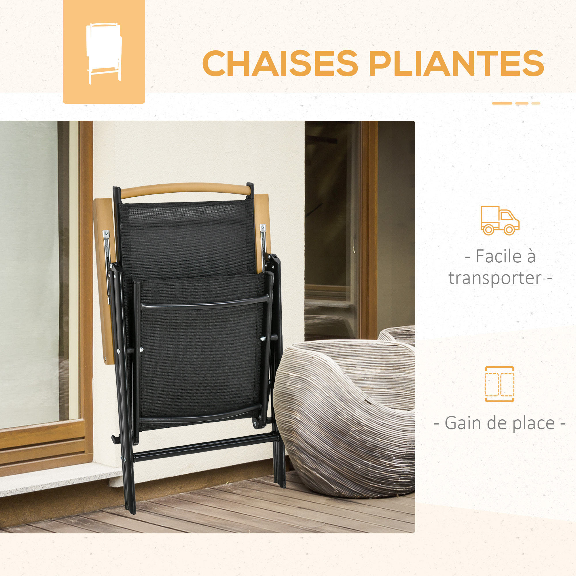 Ensemble table de jardin 6 personnes - chaises pliables inclinables accoudoirs - alu textilène noir plastique effet bois