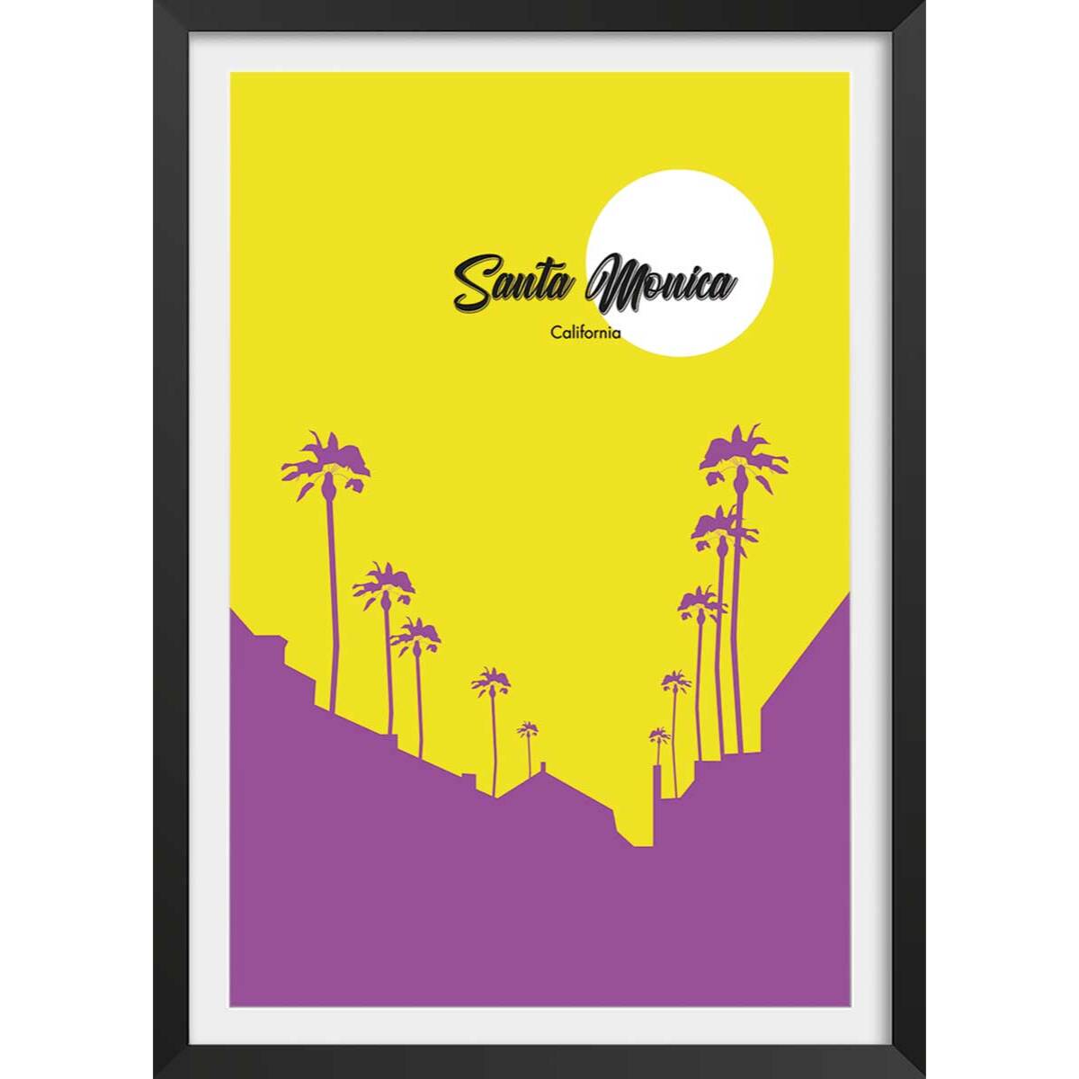Affiche graphique santa monica californie Affiche + cadre en bois - Noir