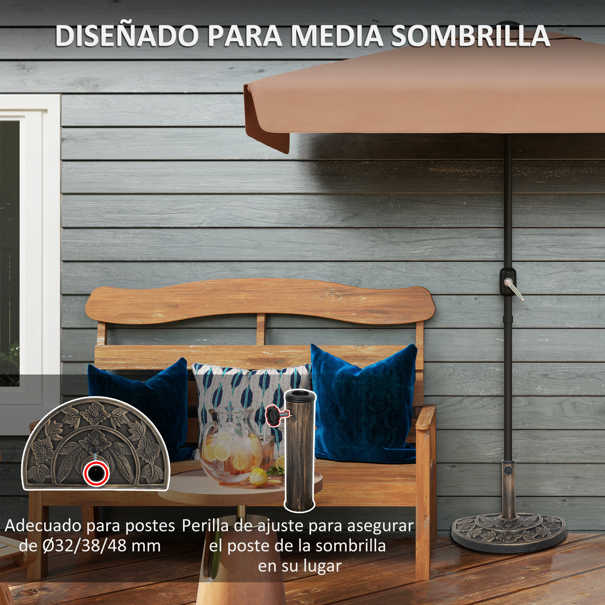 Base para Sombrilla Semicircular Soporte para Parasol Pie para Sombrilla con Relleno de Cemento Peso 9,5 kg para Jardín Terraza Bronce