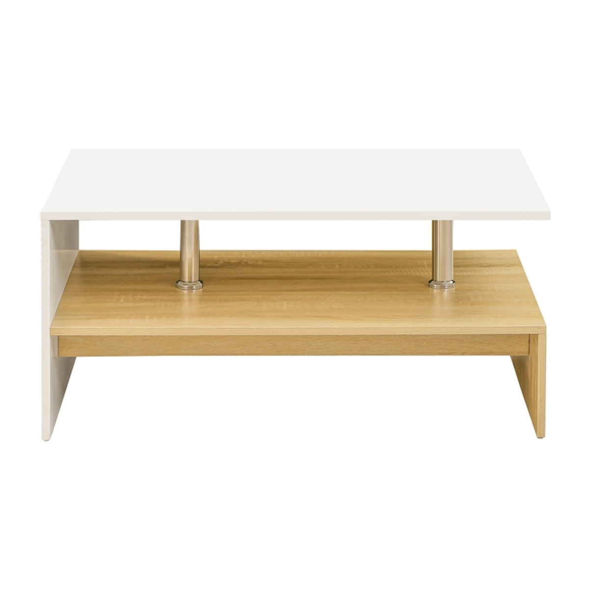 Tavolino moderno bianco e rovere naturale con dettagli in acciaio inox - Celio