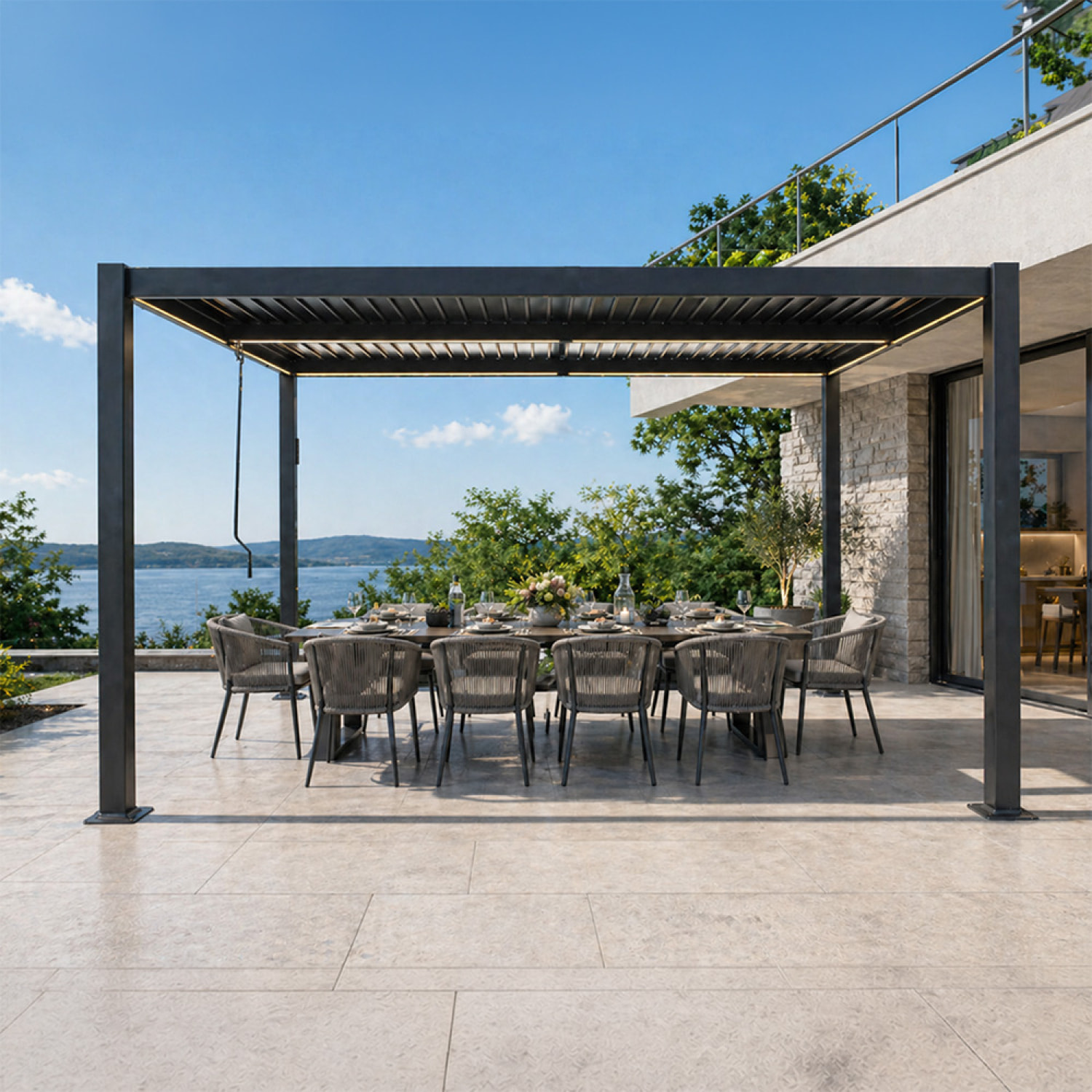 Pergola bioclimatique à LED 4x3m structure aluminium lames orientables MILL