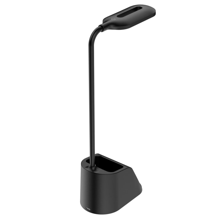 Portapenne multifunzione con caricatore wireless Qi, lampada LED orientabile e rotazione a 360°.