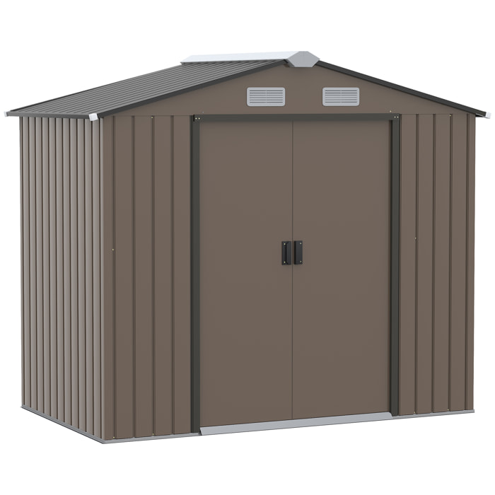 Cobertizo de Jardín con Base 213x130x185 cm Caseta de Jardín Exterior con 2 Puertas Correderas y 4 Ventanas para Almacenamiento de Herramientas Marrón