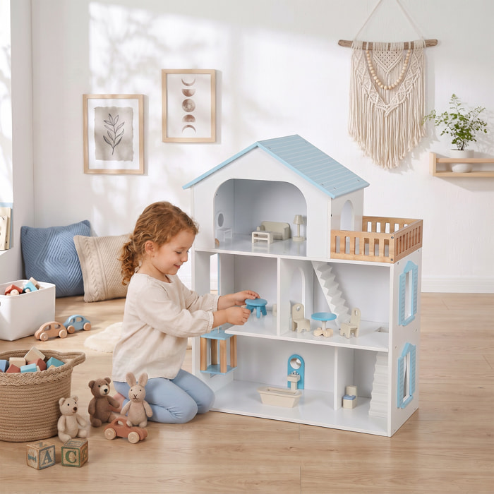 AIYAPLAY Casa de Muñecas de Madera de 3 Pisos con Ascensor y Balcón, 5 Habitaciones y 13 Muebles, Casita de Muñecas para Niñas, Juguete de Imitación para Niños de 3 a 6 Años, Azul
