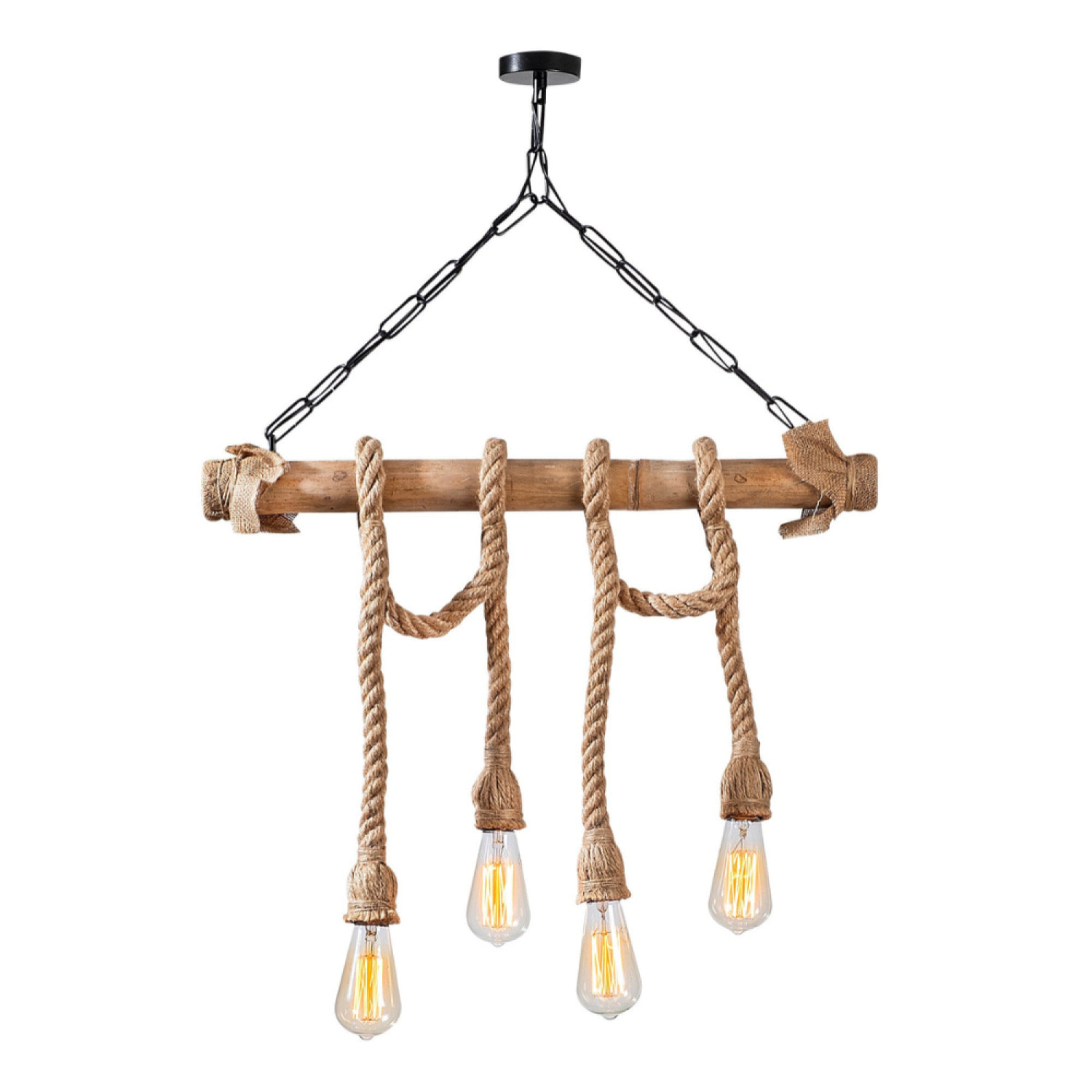 Suspension rustique filaire 4 lampes cordes et bois SHANGHAI