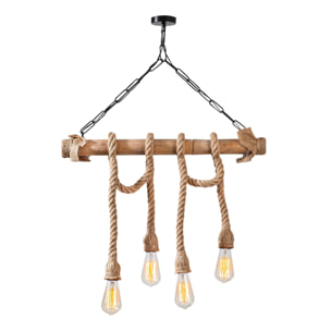 Suspension rustique filaire 4 lampes cordes et bois SHANGHAI