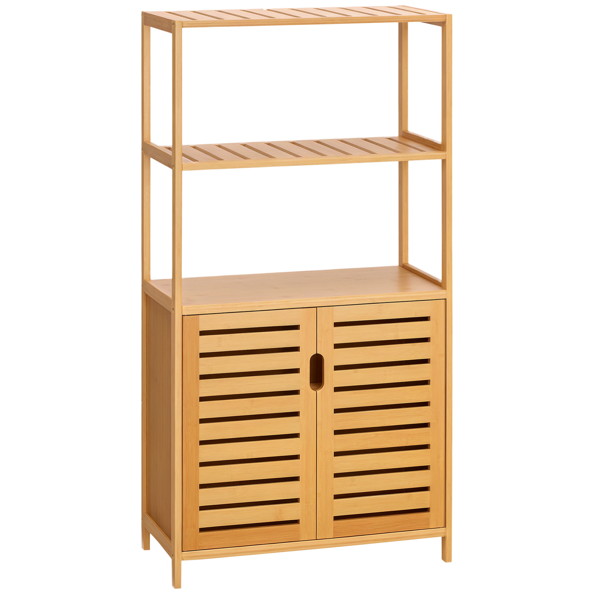 Meuble salle de bain bois bambou 2 portes 3 étagères dim. 60 x 30 x 120 cm naturel