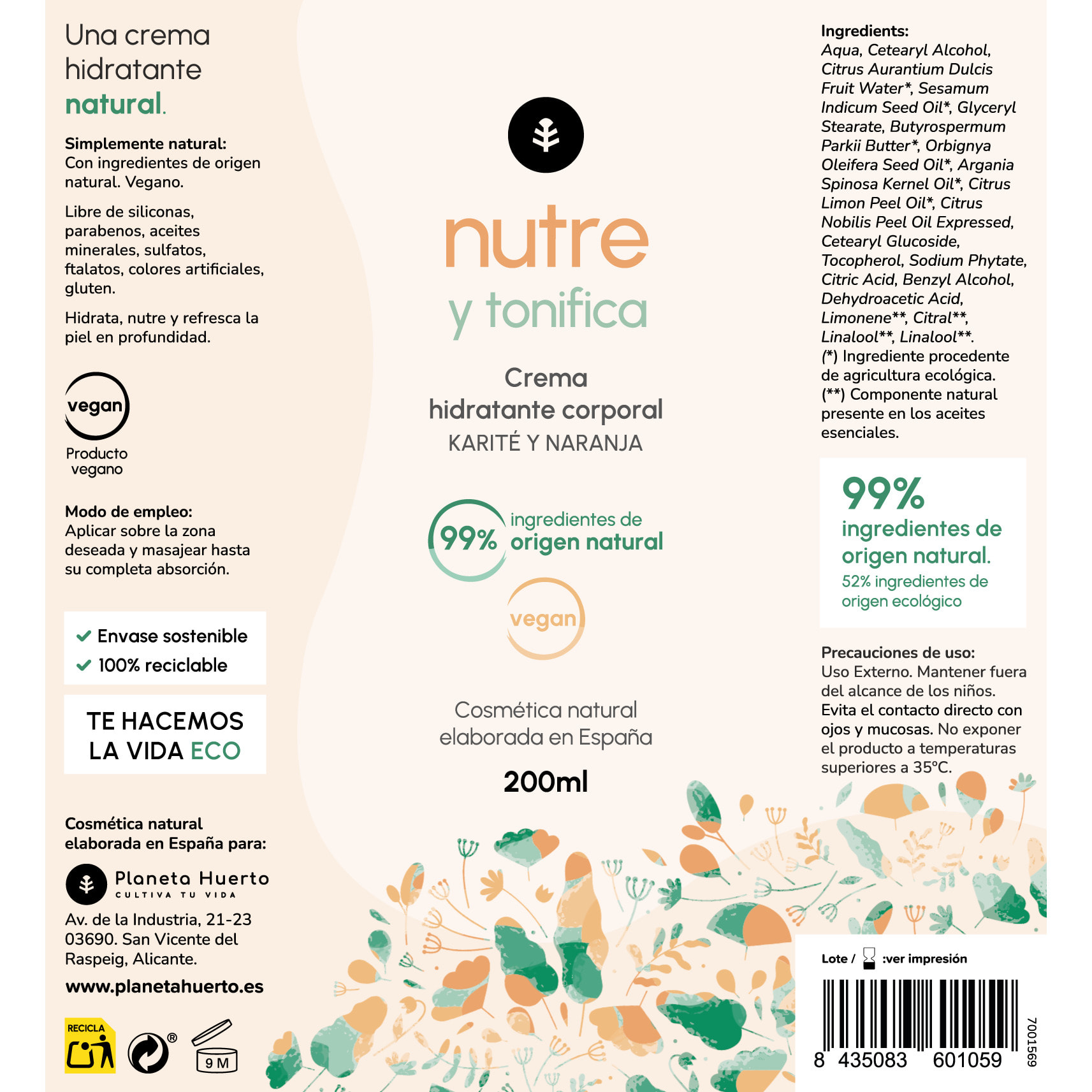 PLANETA HUERTO | Crema Hidratante Corporal Karité y Naranja 200 ml - Nutrición Intensa y Piel Suave