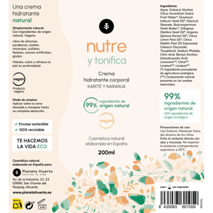 PLANETA HUERTO | Crema Hidratante Corporal Karité y Naranja 200 ml - Nutrición Intensa y Piel Suave